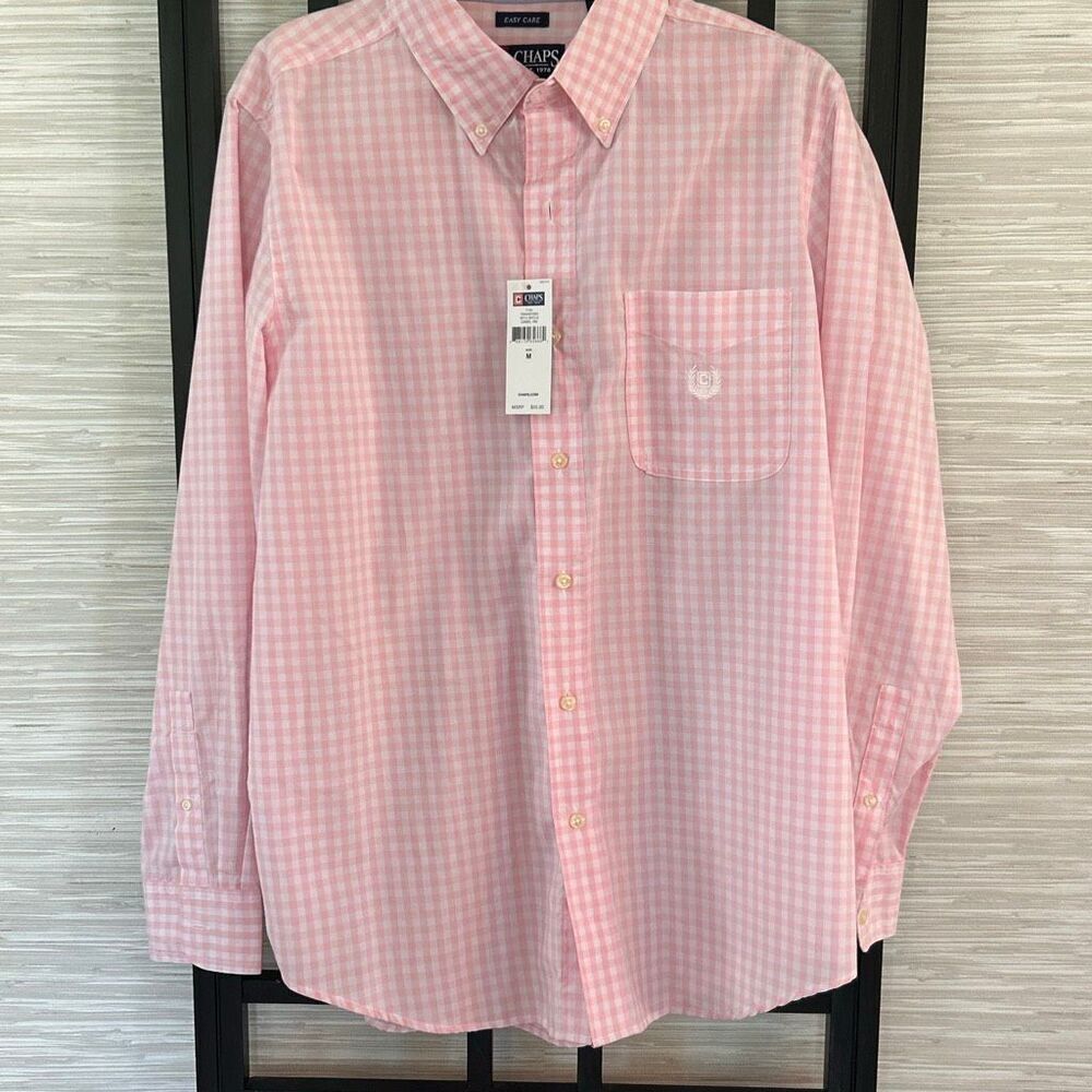 NWT Chaps pink gingham long sleeve button-down men's shirt size M easy care